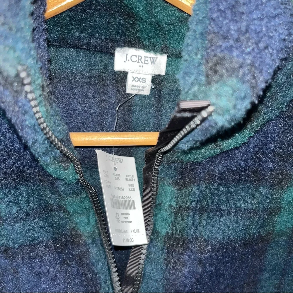 NWT J.Crew Blue Green Watch Plaid Sherpa Fleece Half Zip Pullover Women's XXS